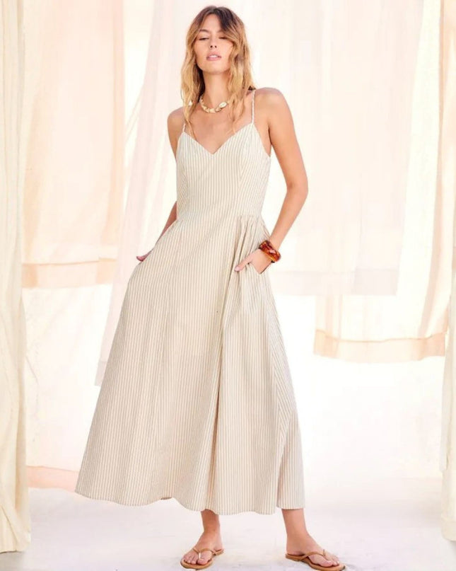 Stripe Side Pocket Smocked Back Spaghetti Strap Maxi Dress