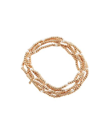 Cross Spaced Pearl Metal Ball Bead 5 Bracelet Set