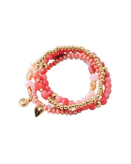 Natural Stone Gold Metal Ball Bead Heart Disc Charm 3 Bracelet Set