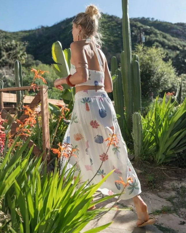 Side Slit Palm Tree Sun Shell Printed Smocked Back Midi Skirt
