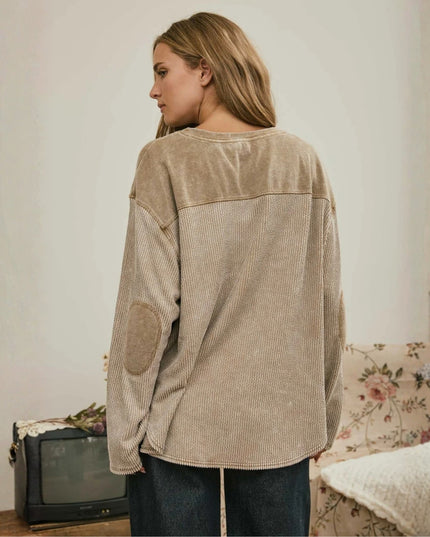 Boxy Textured Patch Elbow Long Sleeve Top