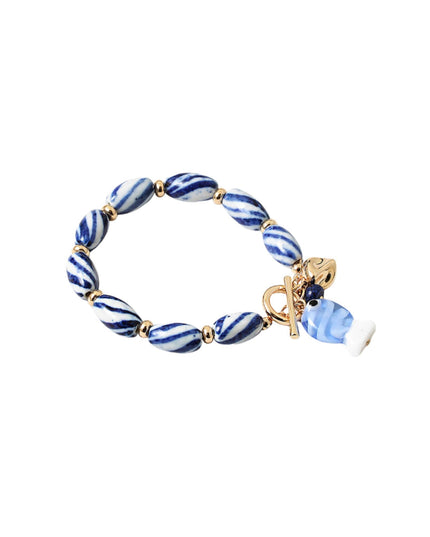 Blue White Bead Fish Charm Toggle Bracelet