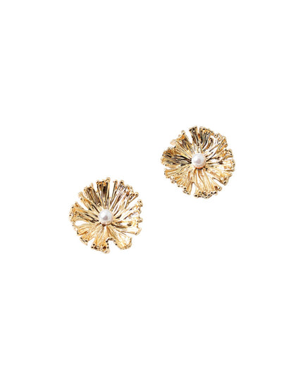 Pearl Center Hammered Metal Flower Stud Earrings