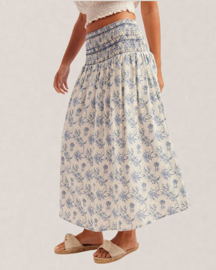 Floral Print Smocked Waist Midi Skirt