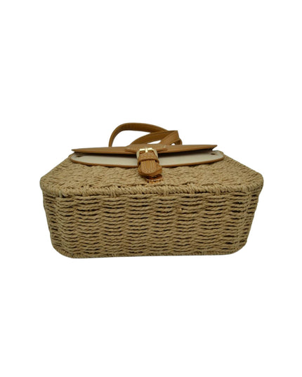 Belt Closure Leather & Structure Straw Crossbody Bag