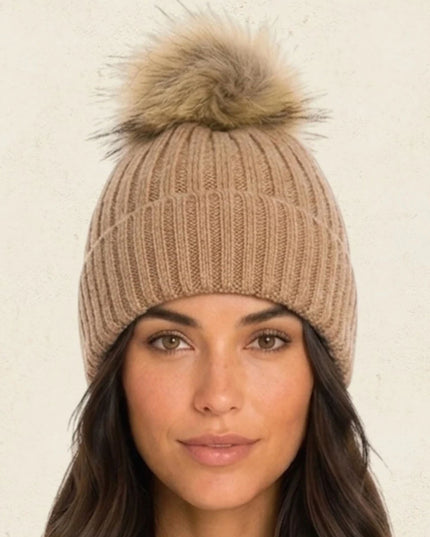 Oversized Pom Pom Ribbed Winter Beanie Hat