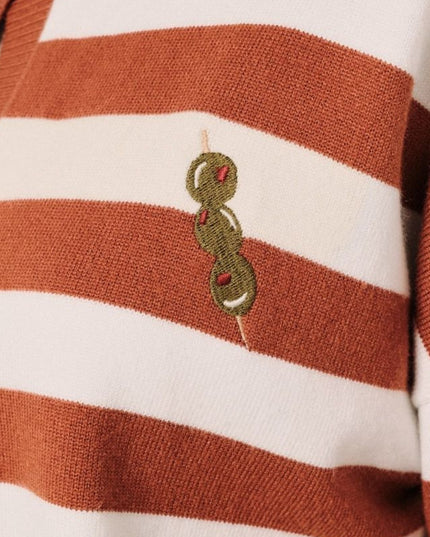 Embroidered Olive Striped Cardigan Sweater