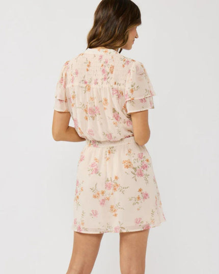 Rose Water Floral Printed Flutter Sleeve Smocked Yoke Mini Dress