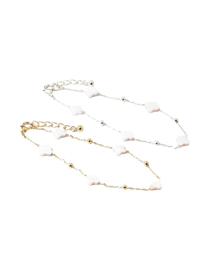 White Shell Clover Metal Ball Bead Station Chain Link Bracelet