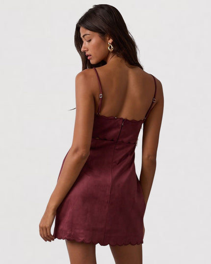 Suede Scallop Cut V Neck Mini Dress