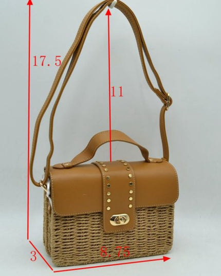 Boxy Straw Vegan Leather Detail Shoulder Bag
