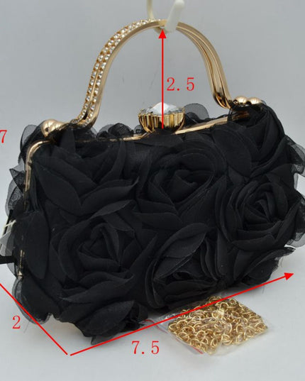Sheer Flowers Gold Rhinestone Handle Clutch Bag