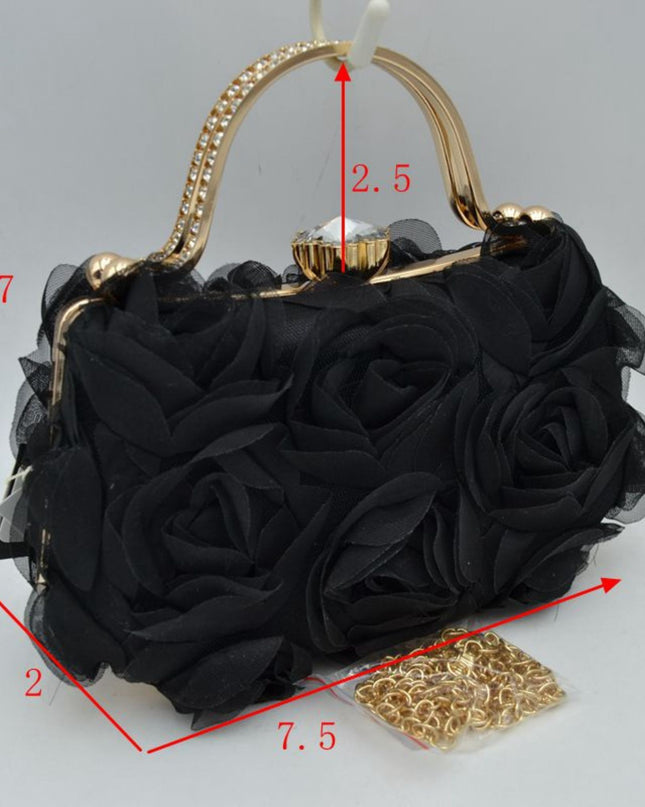 Sheer Flowers Gold Rhinestone Handle Clutch Bag