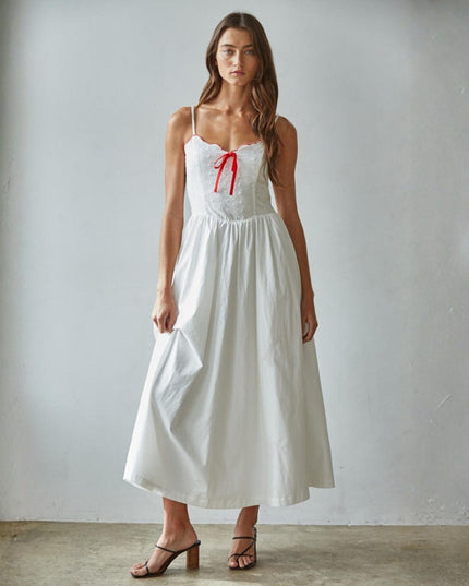 Cerise Floral Eyelet Ribbon Detail Maxi Dress