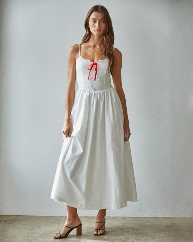 Cerise Floral Eyelet Ribbon Detail Maxi Dress