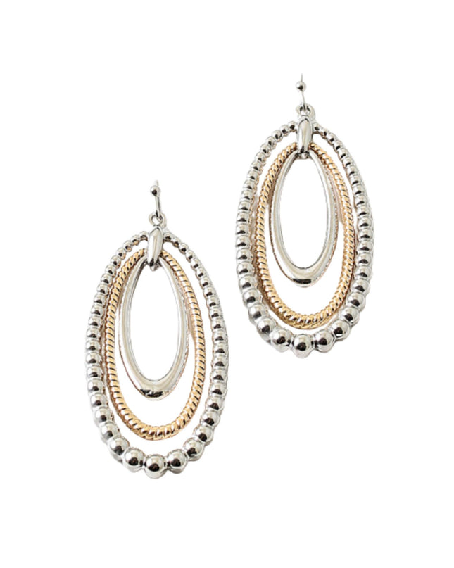 Two Tone Ball Bead Textured Metal Layered Oval Earrings
