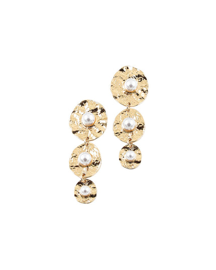 Pearl Center Triple Hammered Metal Disc Link Droplet Earrings