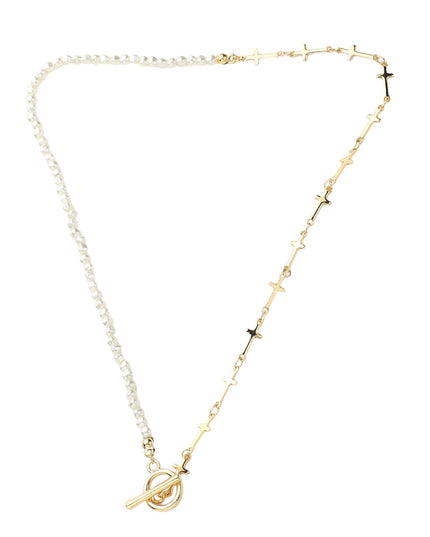 Metal Cross Link Pearl Toggle Necklace