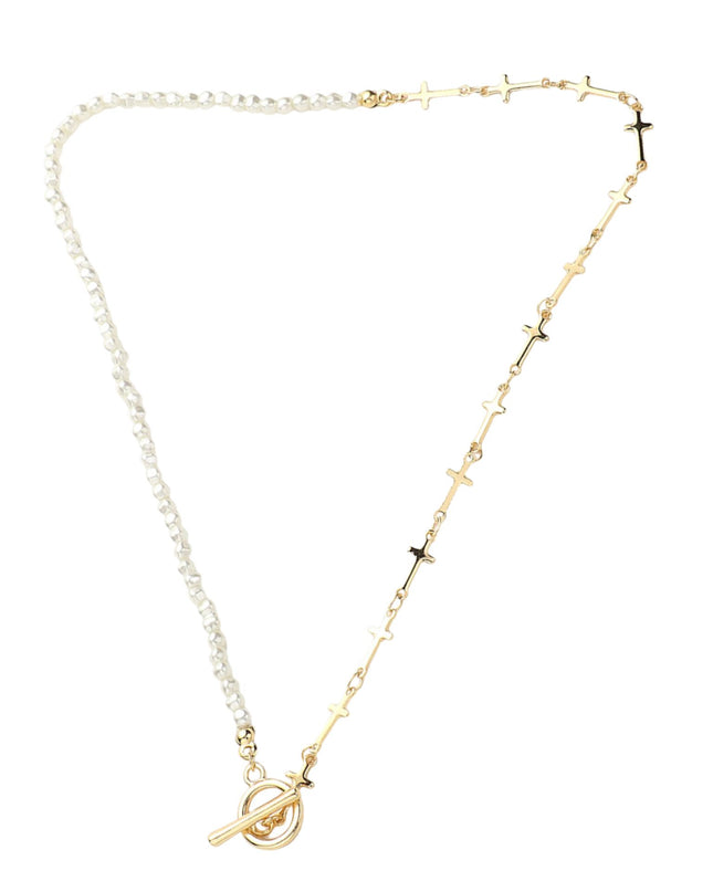 Metal Cross Link Pearl Toggle Necklace