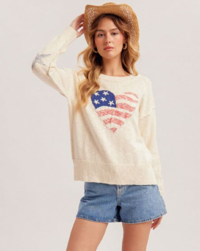Heart American Flag Round Neck Sweater
