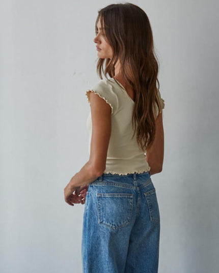 Merrow Ruffle Edge Ribbed Cap Sleeve Crop Top
