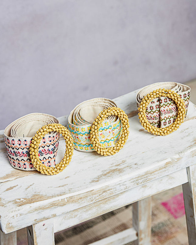 Embroidered Pattern Beaded Buckle Belt