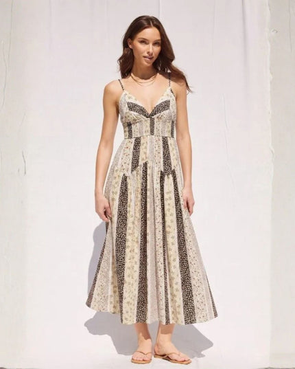 Floral Contrast Patchwork Spaghetti Strap Midi Dress
