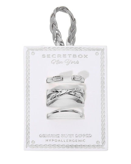 Baguette CZ Tip Criss Cross Thin Plain Band 3 Ring Set