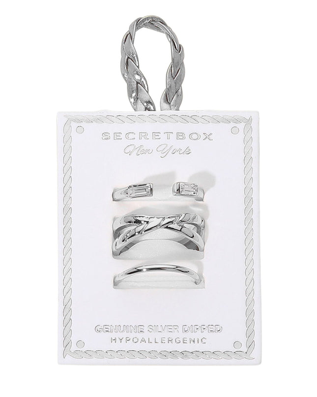 Baguette CZ Tip Criss Cross Thin Plain Band 3 Ring Set