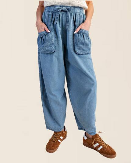 Tribal Pattern Patch Pockets Side Panel Elastic Tie Waist Denim Barrel Pants