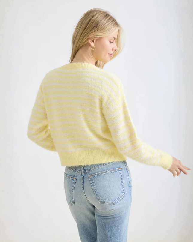 Striped Round Neck Button Down Fuzzy Cardigan Sweater
