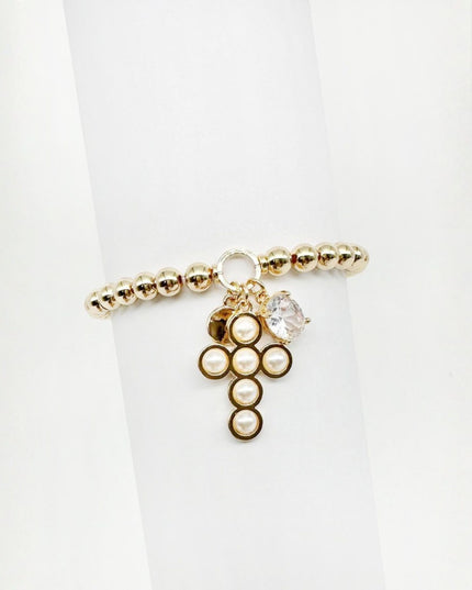 Pearl Cross Charm Ball Bead Stretchable Bracelet
