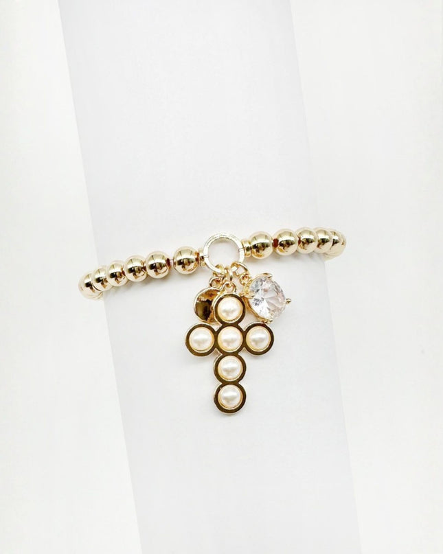 Pearl Cross Charm Ball Bead Stretchable Bracelet