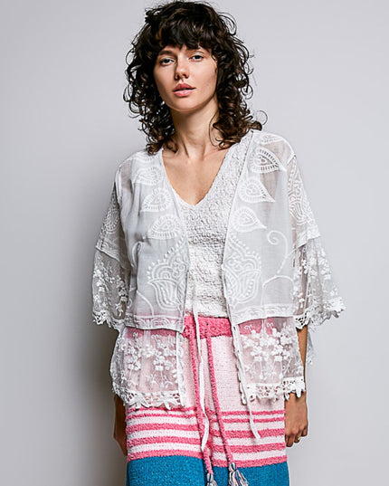 Airy Lace Contrast Half Sleeve V Neck Tie Front Cardigan Top