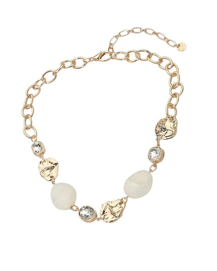 Marbled Resin Pebble Hammered Gold Metal Plate Stone Link Necklace