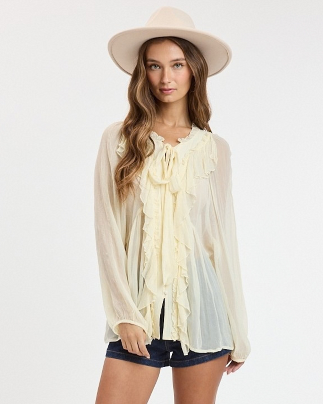 Crinkle Chiffon Ruffle Accent Long Sleeve Blouse