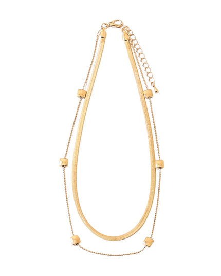 Spaced Square Metal Bead Ball Chain Flat Chain Double Layered Necklace