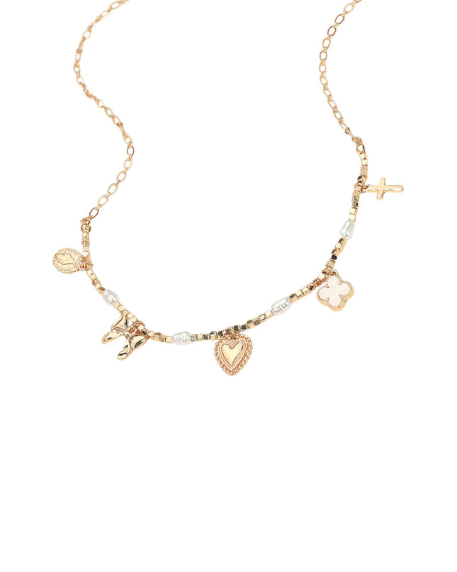 Heart Quatrefoil Bow Cross Charm Station Pearl Beaded Necklace