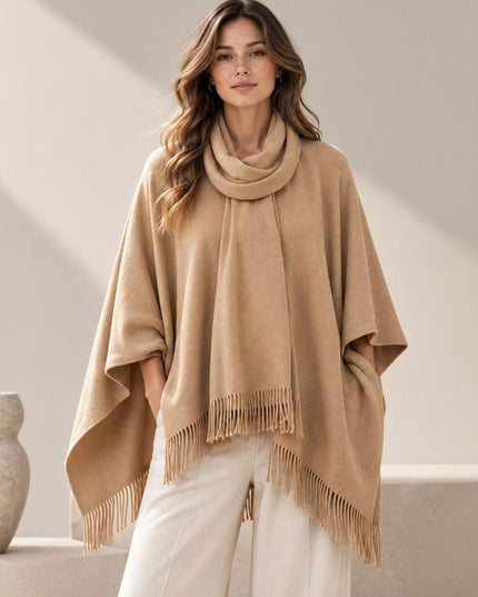 Fringe Trim Oversized Scarf Poncho