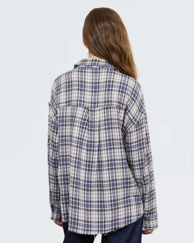 Plaid Button Down Collared Distressed Long Sleeve Top