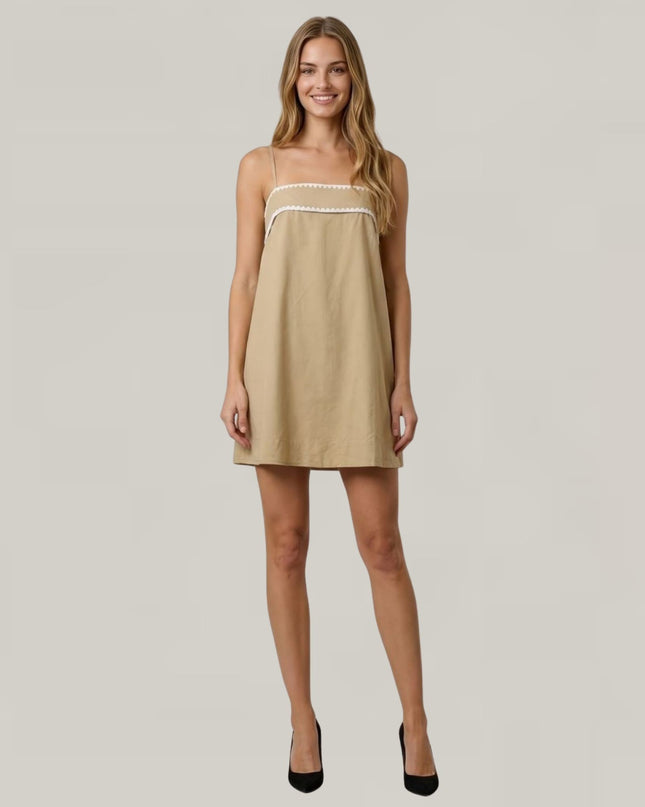 Blanket Stitch Trim Back Bow Spaghetti Strap Mini Dress