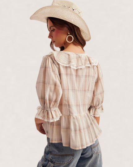 Checker Ruffled Short Sleeve Peasant Top