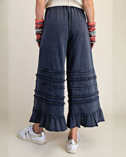 Tiered Ruffle Hem Elastic Drawstring Waist Wide Leg Pants