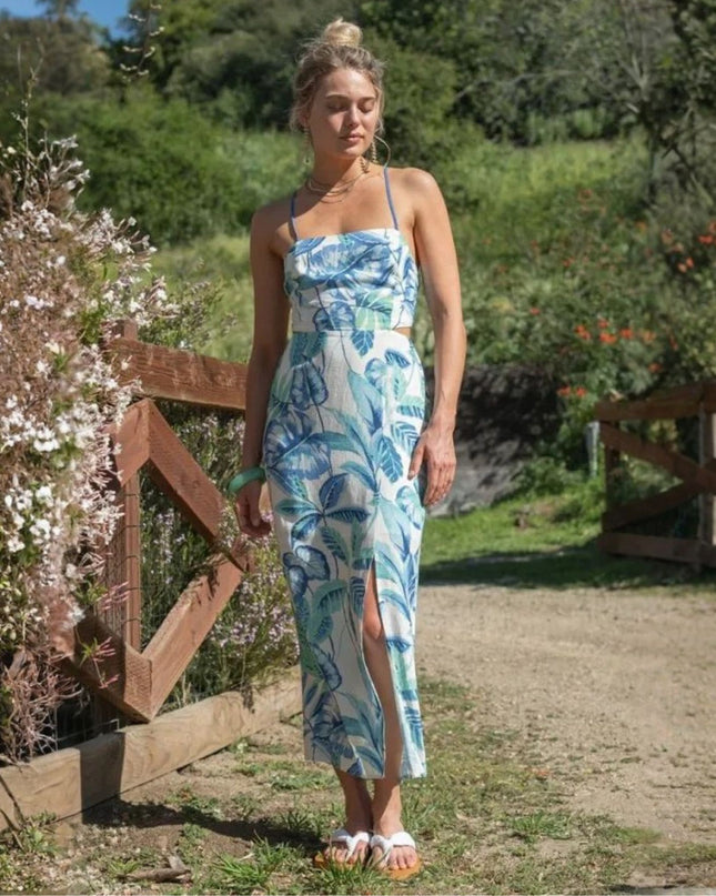 Lace Up Back Spaghetti Strap Side Slit Leaf Printed Midi Dress