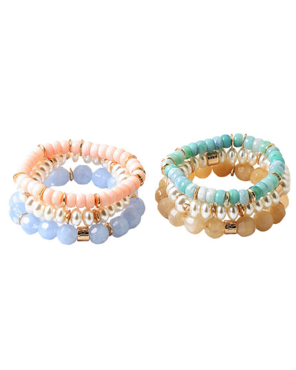 Chunky Natural Stone Bead Pearl Gold Disc 3 Bracelet Set