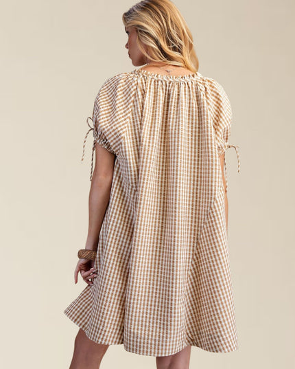 Gingham Seersucker Button Front Tie Short Sleeve Mini Dress