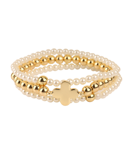 Metal Quatrefoil Clover Pearl Ball Bead 3 Bracelet Set