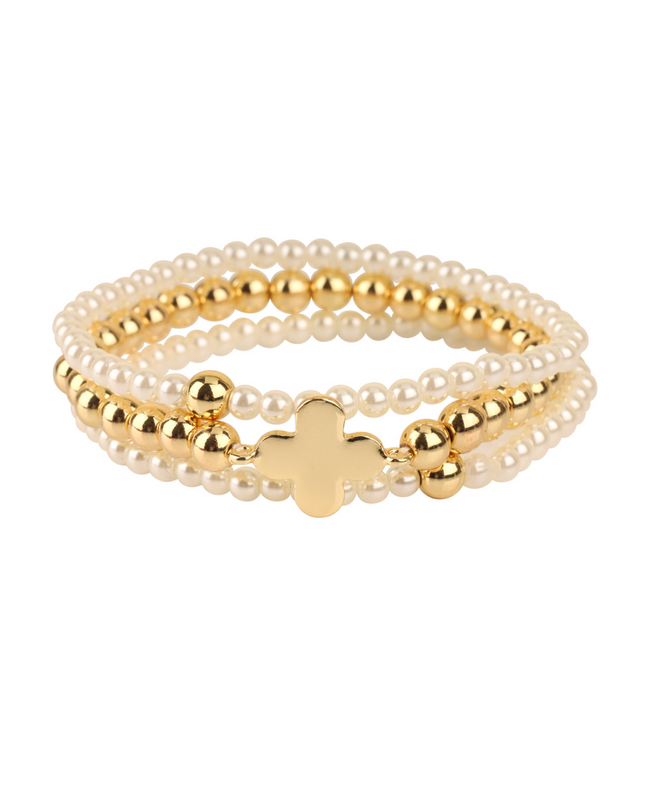 Metal Quatrefoil Clover Pearl Ball Bead 3 Bracelet Set