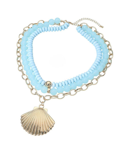Bold Seashell Pendant Layered Beaded Gold Chain Statement Necklace