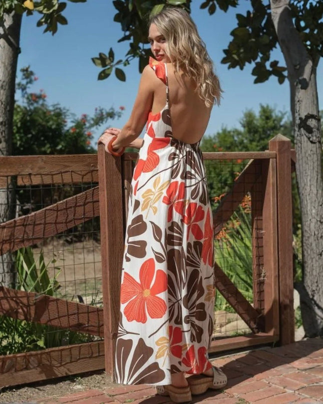 V Neck Adjustable Ruffle Strap Cut Out Back Tropical Floral Leaf Printed Maxi Dress